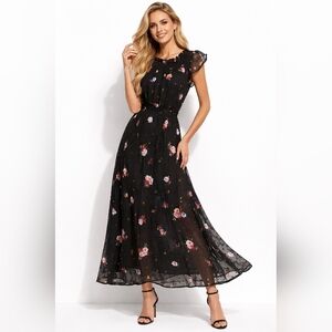 DKNY Black Floral Swiss Dot Maxi Dress Size 4 Elegant Sheer Overlay